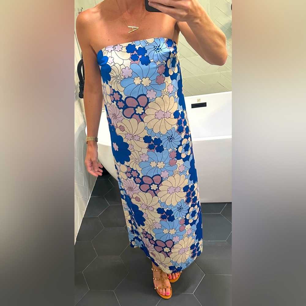Zara Blue White Pink Floral Strapless Maxi Dress - Picture 3 of 10